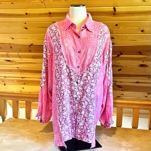 POL Pink White Paisley Floral Oversized Button Down Tunic Long Sleeve Top Size M